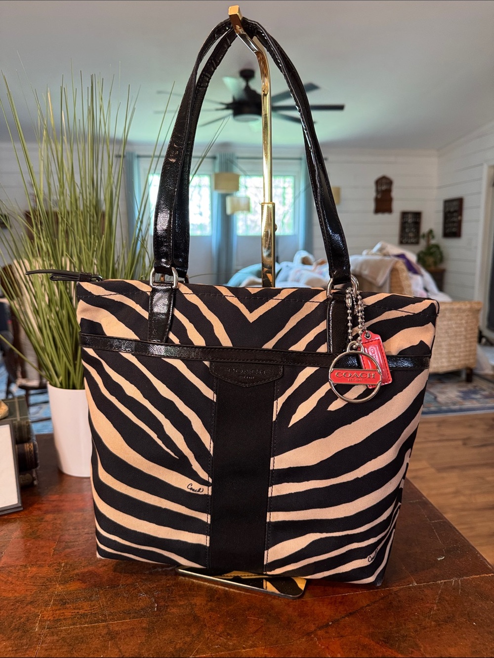 Coach Black and Tan Zebra-Print Tote with Black Leather Trim